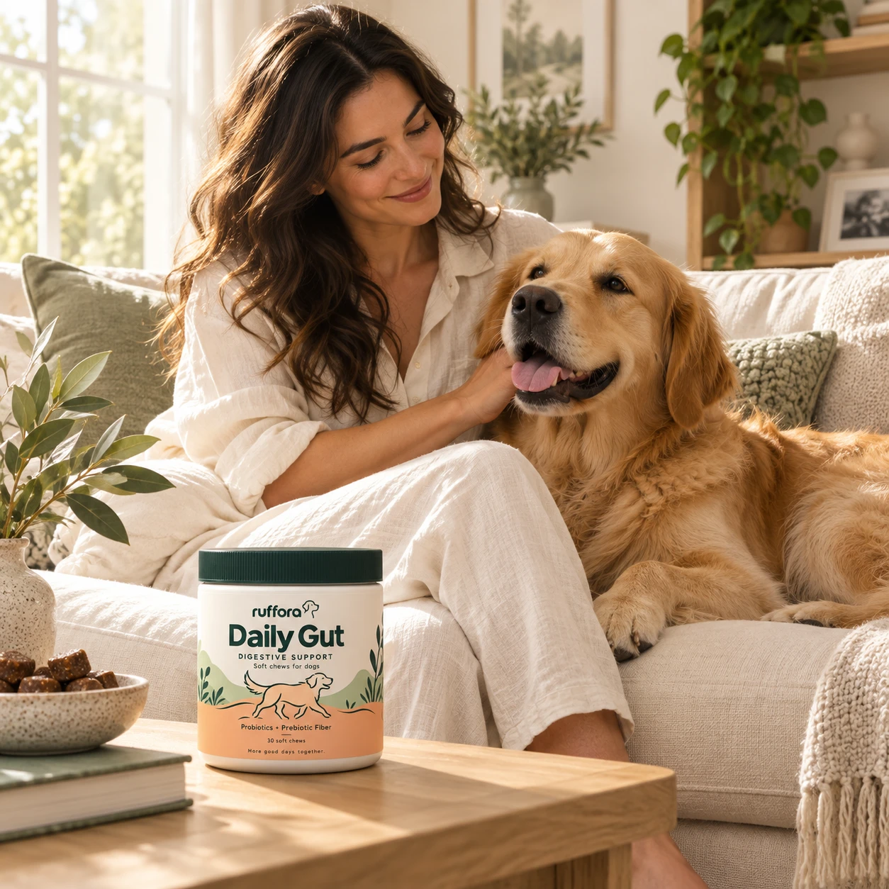 Owner relaxing on the couch with her golden retriever